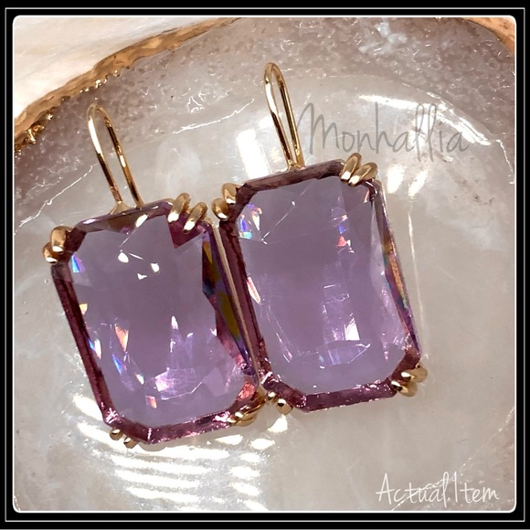 14K GOLD MEGA EMERALD CUT SIMULATED CLEAR PURPLE TOPAZ CUSHION EARRINGS - Picture 5 of 5